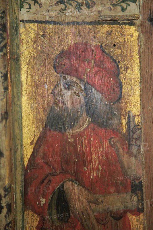 Elijah medieval rood screen paintings, St Andrew church, Westhall, Suffolk, England, UK