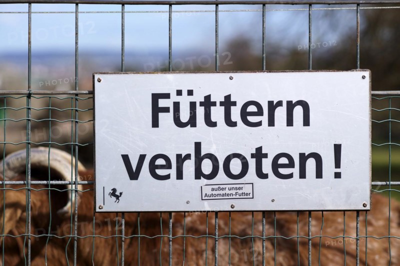 Sign FÜTTERN VERBOTEN on the fence of the Höhenpark Killesberg animal enclosure, Stuttgart, Baden-Württemberg, Germany, Europe