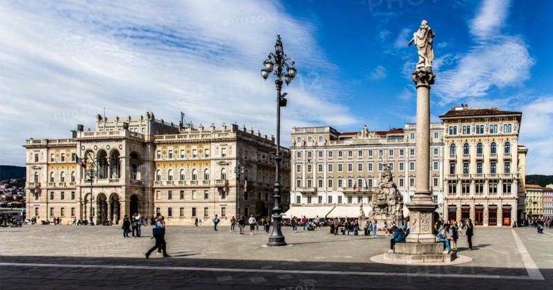 Piazza Unità d'Italia in the heart of the city, surrounded on three sides by magnificent neoclassical buildings, Trieste, harbour city on the Adriatic, Friuli, Italy, Trieste, Friuli, Italy, Europe