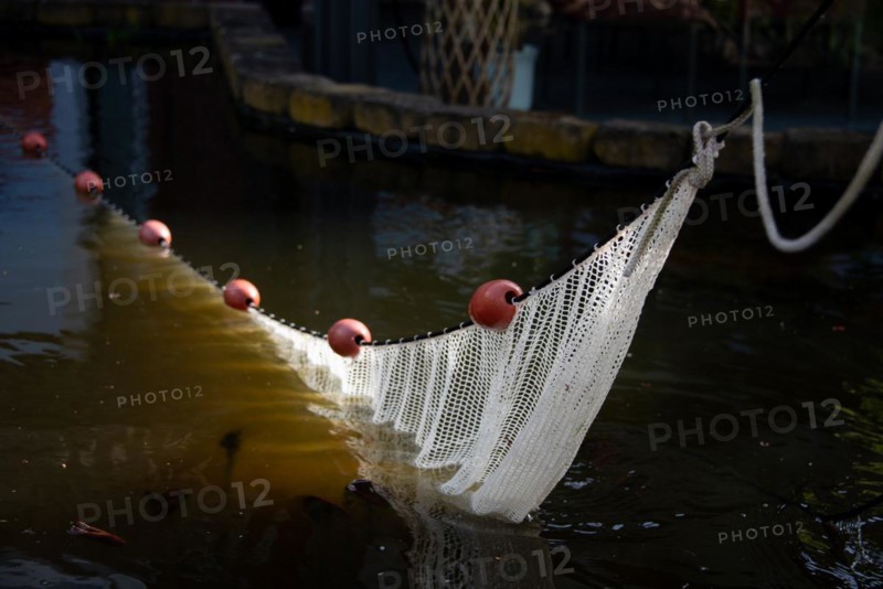 A fishing net half submerged in the water, held by red buoys, Germany, Europe