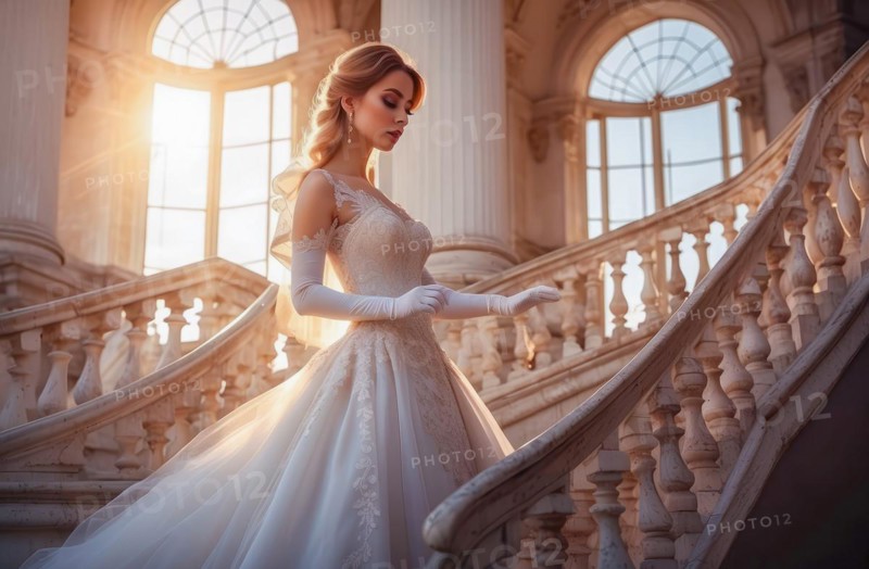 Happy young elegant bride in luxury dress and luxury setting waiting for wedding ceremony to begin, AI generated