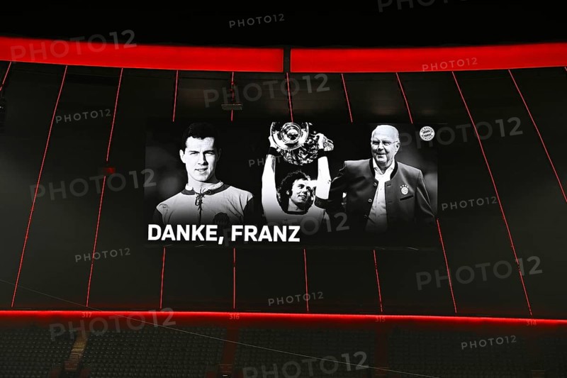 Photo on scoreboard Mourning, commemoration, minute's silence for the death of Franz Beckenbauer, Allianz Arena, Munich, Bavaria, Germany, Europe