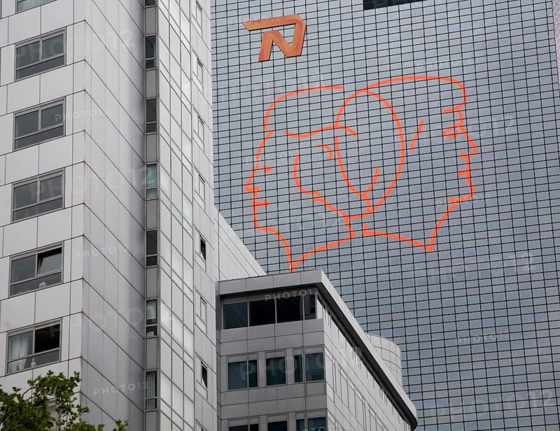 Flourescent line drawing artwork by Gijs van Bon and Thijs Kelder on the Nationale Nederlanden building Rotterdam Netherlands to celebrate the succession and coronation of King William Alexander following the abdication of Queen Beatrix in 2013