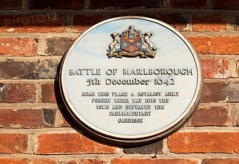 Battle of Marlborough 1642 commemoration blue plaque, High Street, Marlborough, Wiltshire, England, UK