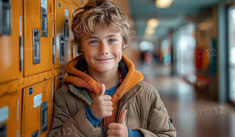 Cute caucasian school boy giving a thumbs up in the hallway of his school. generative AI, AI generated