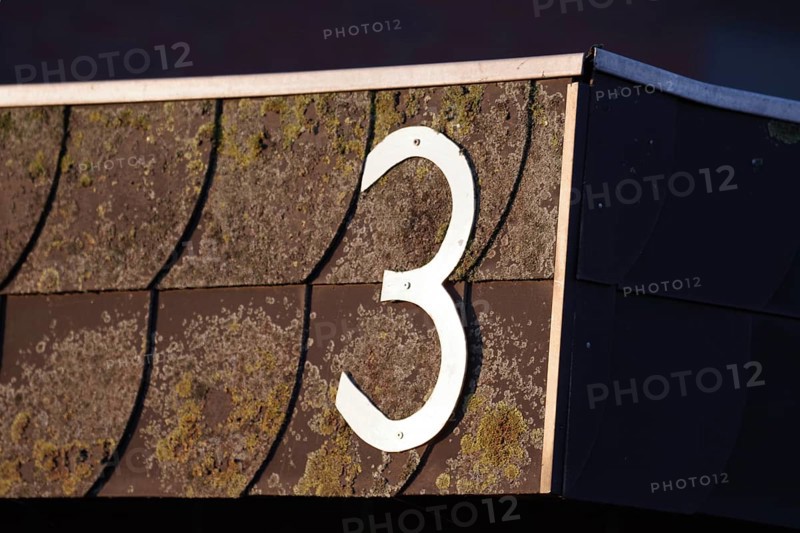 Number, three, number, slate, weathered, facade, house number, metal, The house number three is illuminated by sunlight