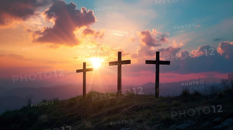 Easter concept three crosses on Golgotha Calvary hill against a dramatic sunset, AI generated