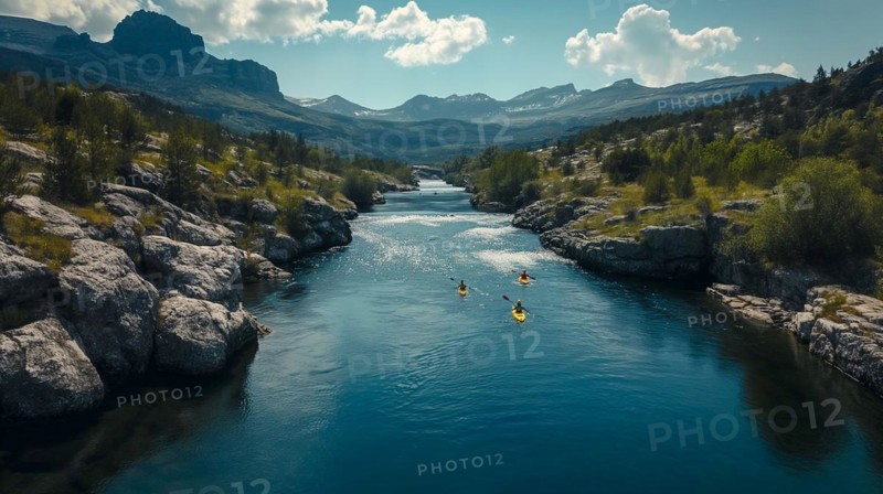Aerial view of kayakers paddling along a beautiful mountain river. generative AI, AI generated