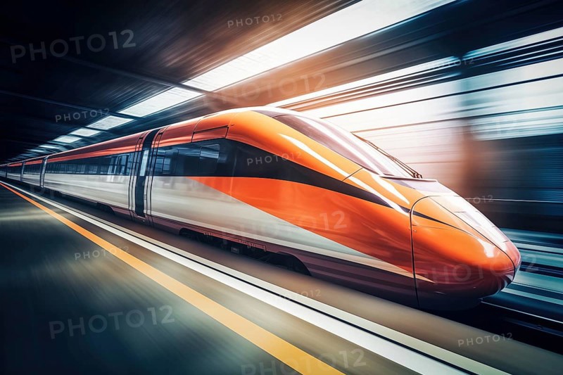 Modern high speed train in a futuristic train station. Modern transportation technology, speed, travel concepts. Railroad with motion blur effect, AI generated