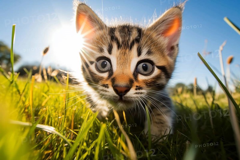 Playful Cute Kitten outdoors in Sunlit Grass. Kitten excitement and wonder as it explores the natural environment on a sunny day, AI generated