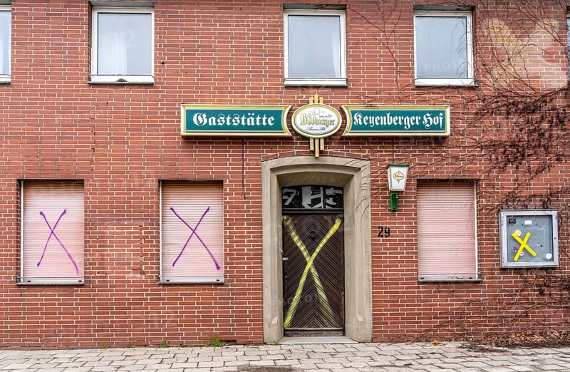 The village of Keyenberg, originally intended to make way for the Garzweiler II open-cast lignite mine, remains standing after the coal compromise, but is largely abandoned and empty, former Keyenberger Hof restaurant, North Rhine-Westphalia, Germany, Europe