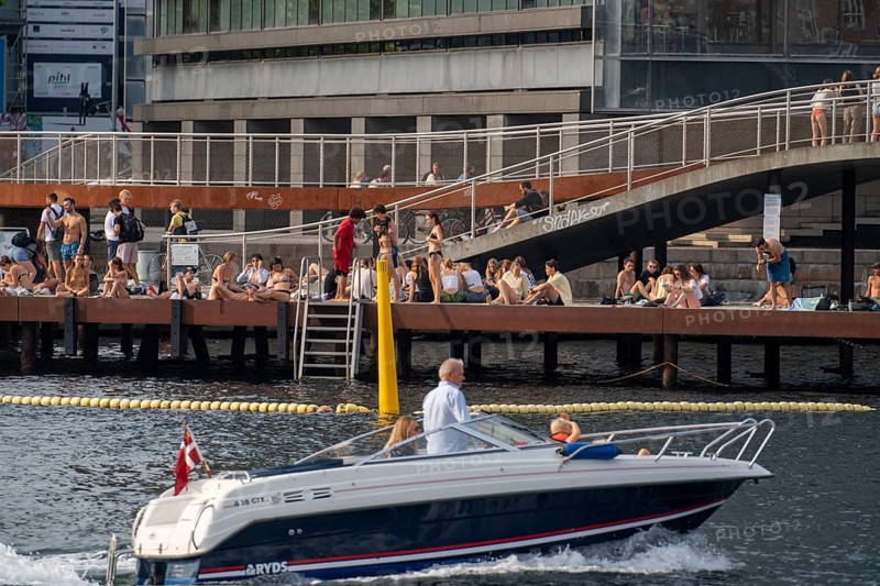 Summer, swimming in the harbour of Copenhagen, there are official bathing places, harbour baths and lidos in many places, here the Bølgen afslapningsanlæg, leisure facility, Denmark, Europe