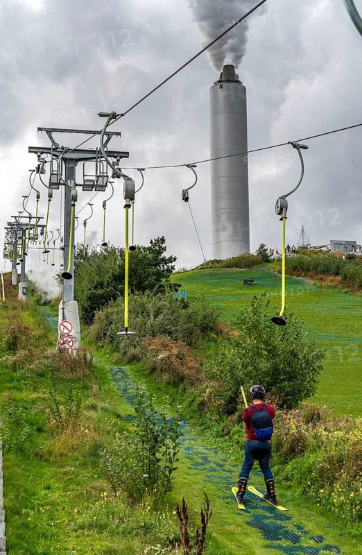 CopenHill, waste incineration plant and artificial ski slope, skiing with a view of the Øresund, ski lift, 90 metres high and 400 metres long slope on artificial turf, Copenhagen, Denmark, Europe