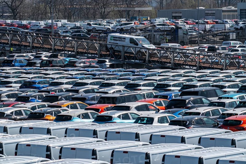 Car terminal in the Logport I inland port, in Duisburg on the Rhine, vehicle handling of new cars, storage area, North Rhine-Westphalia, Germany, Europe