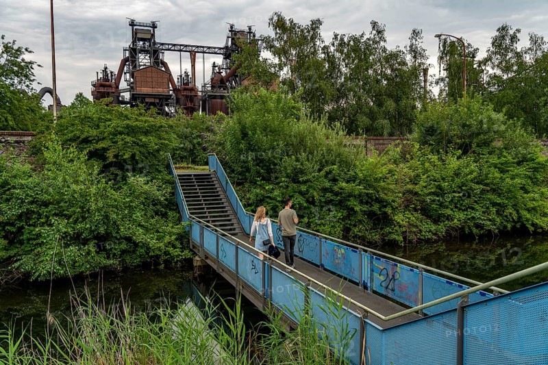 Duisburg North Landscape Park, promenade along the Old Emscher, renaturalisation, North Rhine-Westphalia, Germany, Europe