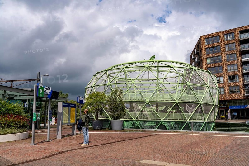 The Fiestappel, bicycle car park for over 900 bicycles, in a stylised apple shape, in Alphen aan den Rijn, directly at the railway and bus station, as well as on a central cycle path, Netherlands