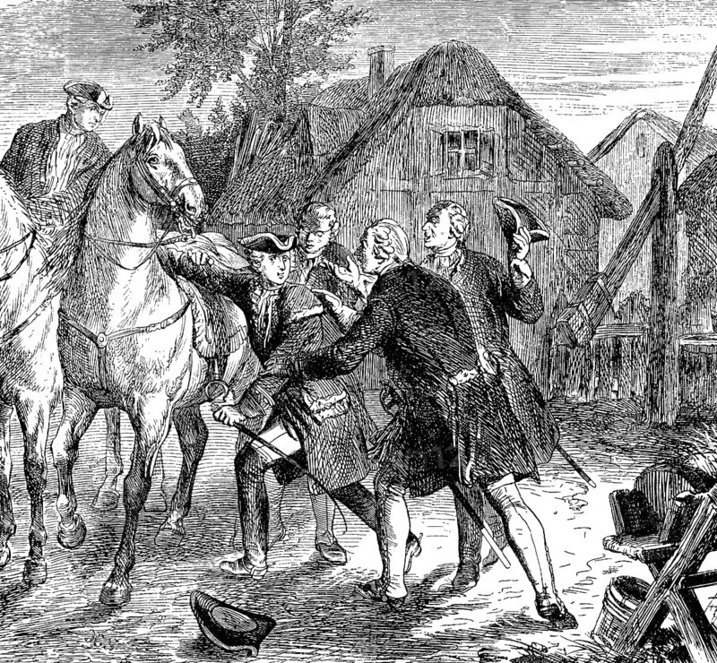 At dawn on 4 August 1730, Crown Prince Frederick flees from his father King Frederick William I, village, horses, courtiers, desertion, escape, Prussian history, historical illustration 1882