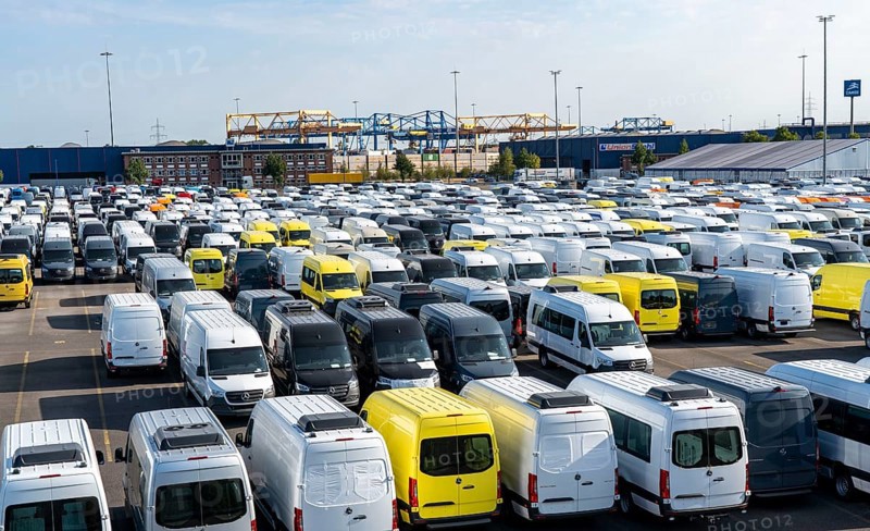 Car terminal in the inland port Logport I, in Duisburg on the Rhine, vehicle handling of new cars, vans, Mercedes-Benz Sprinter, storage space, North Rhine-Westphalia, Germany, Europe