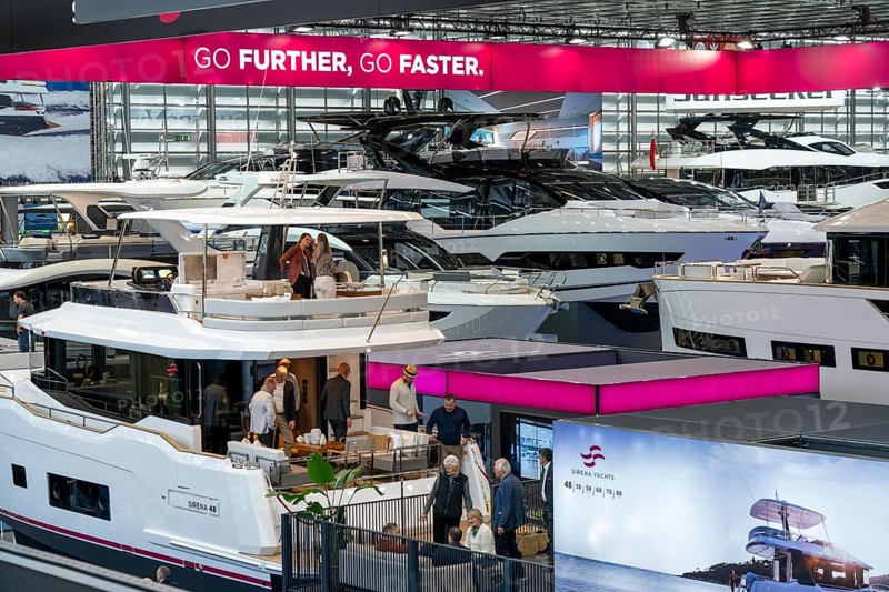 Large yachts, luxury yachts, in Hall 6 of BOOT 2024, the world's largest yacht and water sports trade fair in Düsseldorf, North Rhine-Westphalia, Germany, Europe