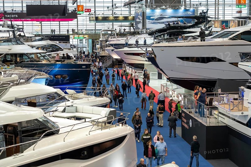 Large yachts, luxury yachts, in Hall 6 of BOOT 2024, the world's largest yacht and water sports trade fair in Düsseldorf, North Rhine-Westphalia, Germany, Europe