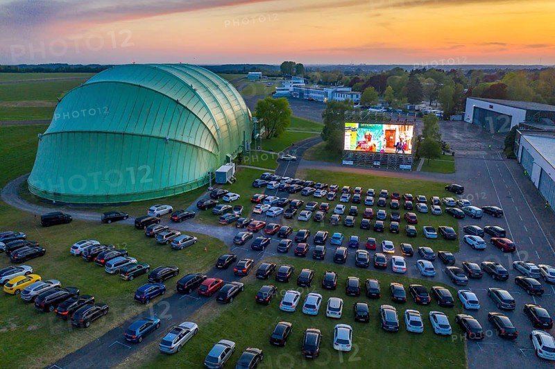 Drive-in cinema at Essen/Mülheim Airport Motor Movies, temporary film screening, at the WDL airship hangar, event in compliance with contact restrictions, effects of the corona crisis in Essen, Mülheim Germany