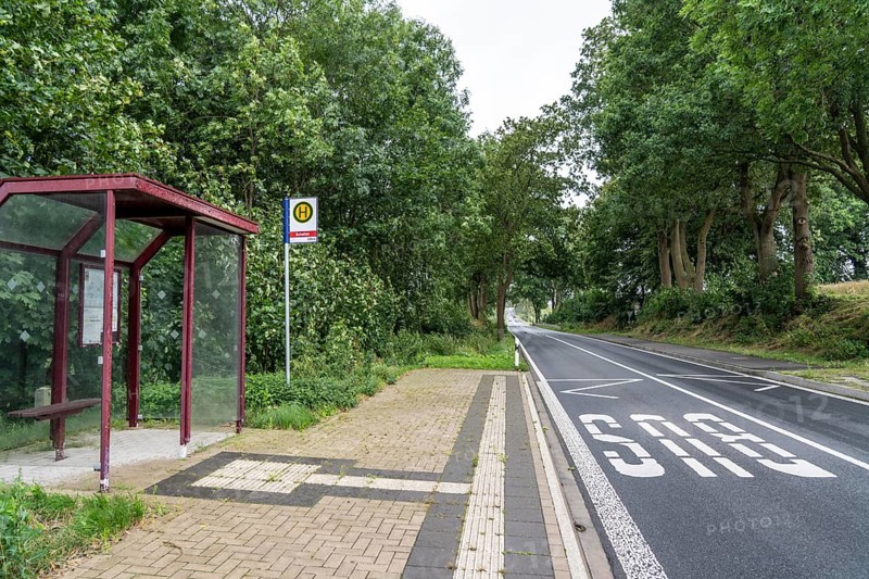 Bus shelter, bus stop Schalloh, in the countryside, Sauerland, near Soest-Bergede, country road L856, bus route 552, has 2 stops per day, Mondays to Fridays, none at weekends, North Rhine-Westphalia, Germany, Europe