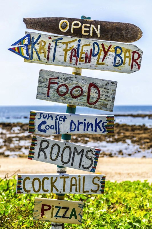 Signpost to a beach restaurant, hint, board, signpost, info, information, design, food, restaurant, beach bar, bar, beach, sea, beach holiday, coast, tourism, gastronomy, wood, wooden sign, authentic, Ko Lanta, Tha