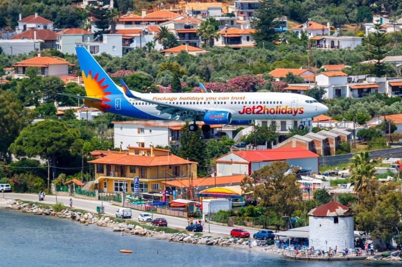 A Boeing 737-800 Jet2 aircraft with registration G-JZBP at Skiathos Airport, Greece, Europe