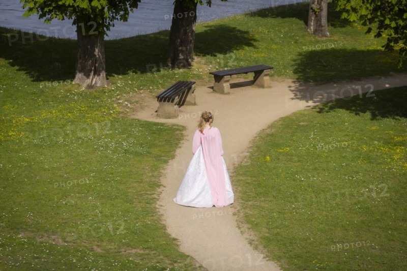 Cinderella can also be seen around Moritzburg Castle in spring. Model Tamara Kretschmer once again slipped into the coveted role of the legendary Cinderella with the ball gown, Moritzburg, Saxony, Germany, Europe