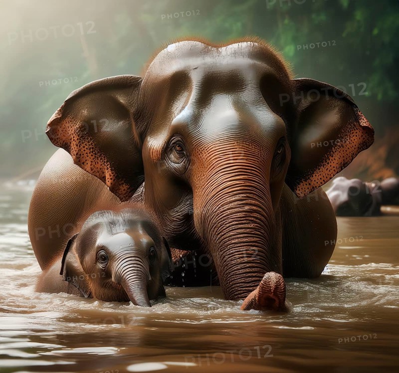 Asian elephant (Elephas maximus), young animal and elephant cow bathing in a river, AI generated, AI generated