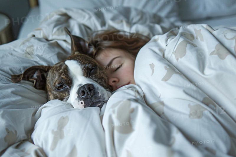 Dog seeping with human owner in bed, KI generiert, generiert, AI generated