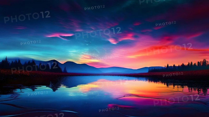 AI generated painting of a surreal landscape with mountains and a lake with digital brush strokes intertwining with watercolor