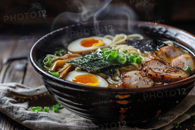 Ramen with miso broth, tender pork slices, soft-boiled egg, and nori in bowl. Generative Ai, AI generated