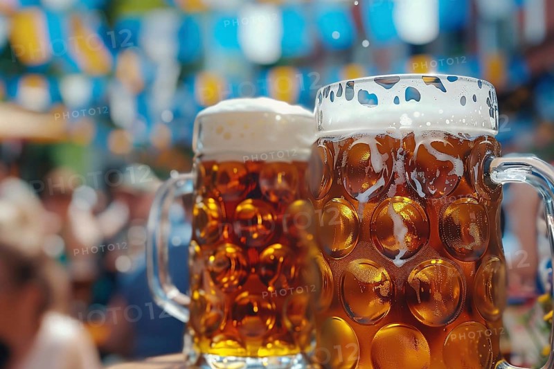 Beer mug swith blue and white Oktoberfest festival flags in background. Generative Ai, AI generated