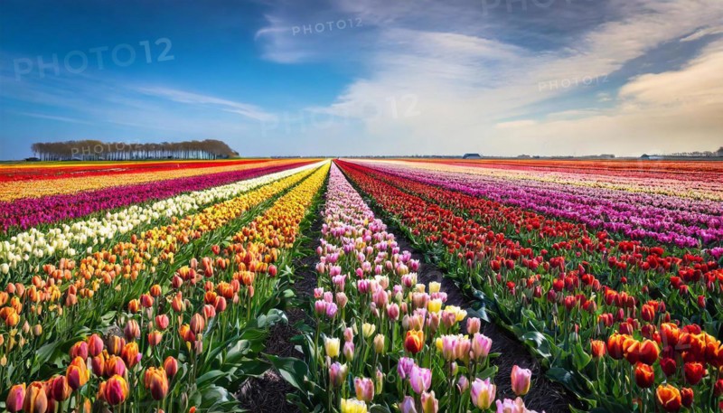Agriculture, dense, intensely colourful flowering tulip field in Holland, AI generated, AI generated