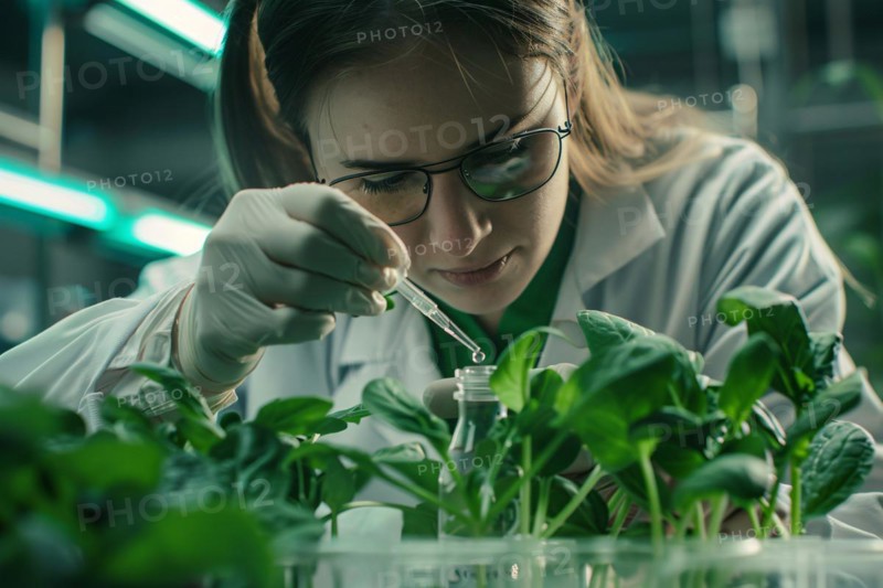 Female scientist researching on plants in laborotory. Concept for biotechnology and genetic modification. KI generiert, generiert, AI generated