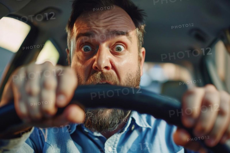 A man sits in a car and looks at the speedometer in surprise and shock, symbolic image, distraction in road traffic, AI generated, AI generated, AI generated