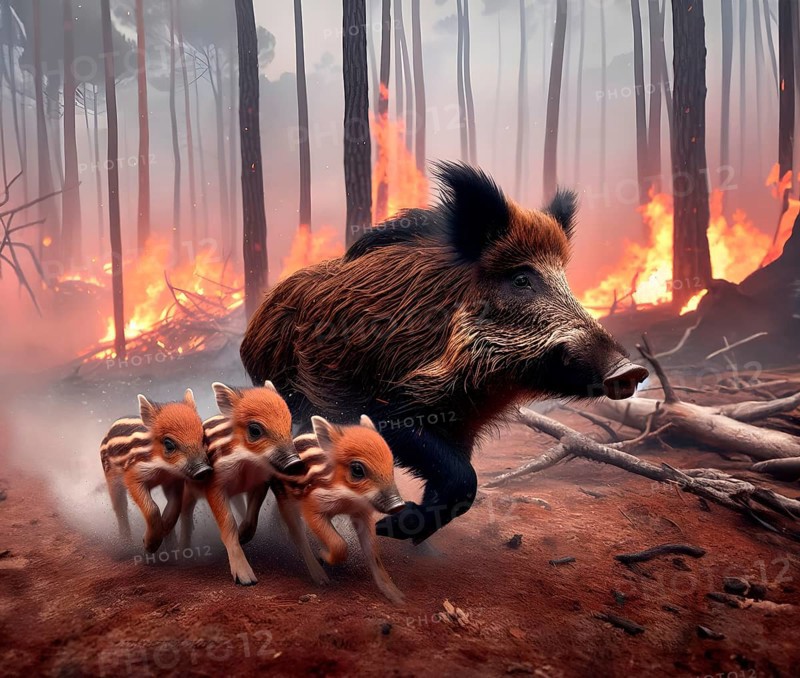 Climate change, global warming, environmental catastrophe, a female wild boar with young boar flees in great leaps from a forest fire, AI generated, AI generated