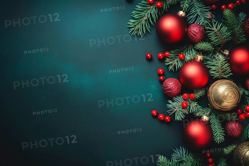Flatlay with red Christmas tree baubles, berries and tree branches with copy space. KI generiert, generiert AI generated