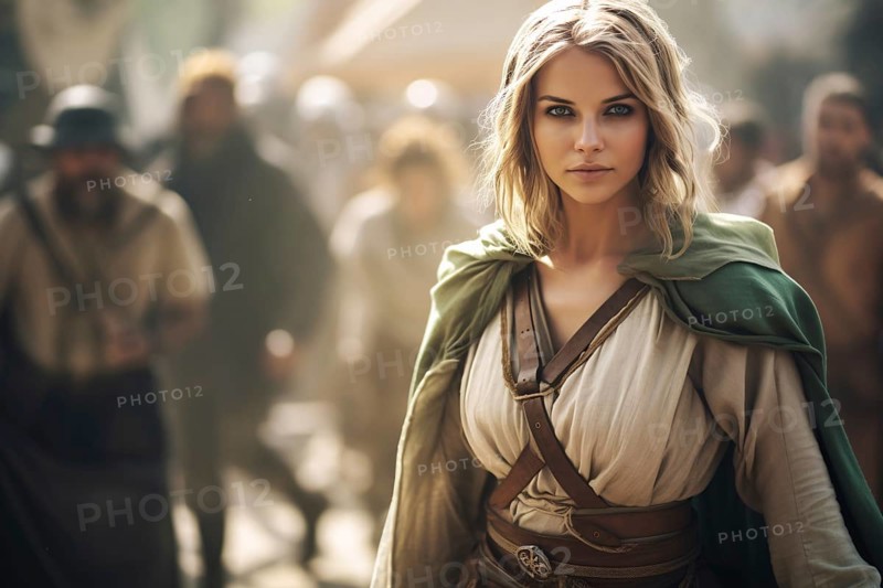 Pretty woman in medieval style fantasy role playing game costume garment with blurry people at renaissance fair in background. KI generiert, generiert AI generated