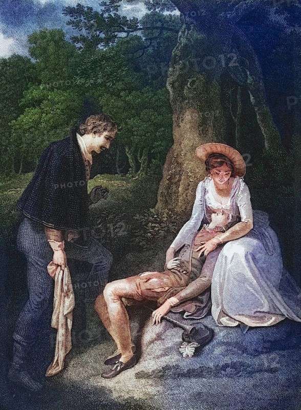 As you like it. Act IV. Scene III: The forest. Rosalind, Celia and Oliver. From the Boydell Shakespeare Gallery, published at the end of the 19th century, Historic, digitally restored reproduction from a 19th century original, Record date not stated
