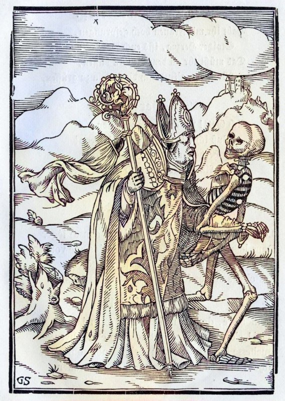 Der Tod kommt zum Bischof Woodcut by Georg Scharffenberg after Hans Holbein the Younger from Der Todten Tanz, published Basel 1843, Death comes to the Bishop Woodcut by Georg Scharffenberg after Hans Holbein the Younger From Der Todten Tanz or The Dance of Death published Basel 1843, Historic, digitally restored reproduction from a 19th century original, Record date not stated