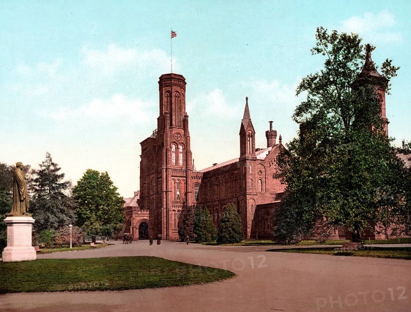 The Smithsonian Institution Building, also known as the Smithsonian Castle or simply The Castle, is a building on the National Mall housing the Smithsonian Institution's administrative offices and information centre, Washington, United States, 1890, Historic, digitally restored reproduction from a 19th century original Smithsonian Institution Building, known as the Smithsonian Castle or simply The Castle, is a building on the National Mall housing the Smithsonian Institution's administrative offices and information centre, Unites States, Historic, digitally restored reproduction from a 19th century original, North America