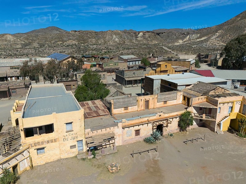 An abandoned western town in a dry desert landscape in sunny weather, aerial view, Fort Bravo, western town, desert, Desierto de Tabernas, Tabernas, Almeria, Andalusia, Spain, Europe