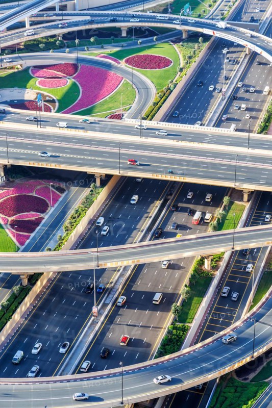 Intersection of Sheikh Zayed Road Traffic on the road near the Burj Khalifa in Dubai, United Arab Emirates, Asia