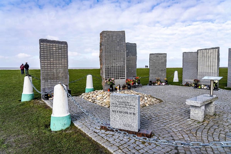 Memorial Sea View, steles at the harbour of Norddeich, with the names of deceased persons buried here off the coast, at sea, burial at sea, Lower Saxony, Germany, Europe
