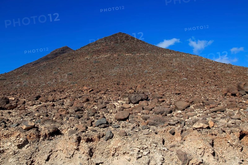 Volcanic peaks against deep blue sky, Jandia peninsula, Fuerteventura, Canary Islands, Spain, Europe