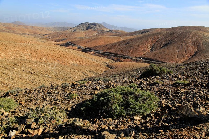 Bare moon-like arid landscape in mountains between Pajara and La Pared, Fuerteventura, Canary Islands, Spain, Europe