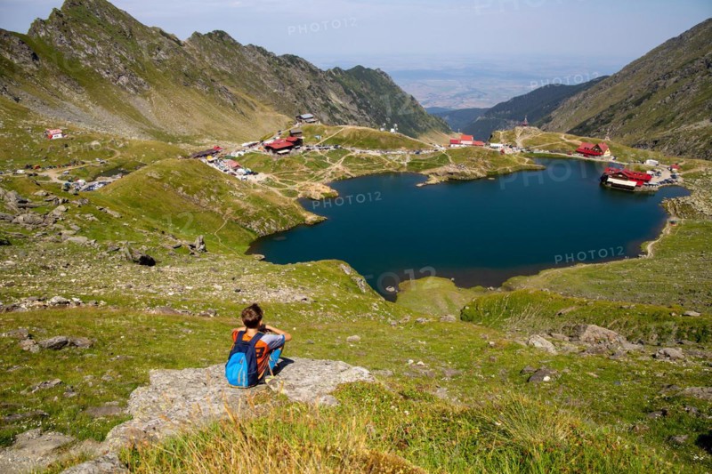 Romania: Lake Balea (Romanian: Balea Lac) from above. The lake is located at the summit of the Transfogarasch High Road in the Fogarasch Mountains on the border between Transylvania and Wallachia and is a popular excursion destination