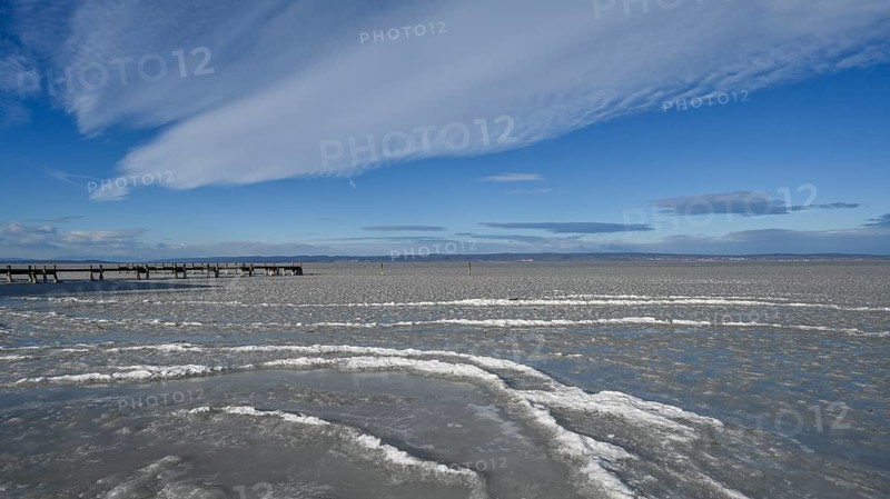 Frozen lake with ice in winter, Lake Neusiedl, Podersdorf am See, Burgenland, Austria, Europe